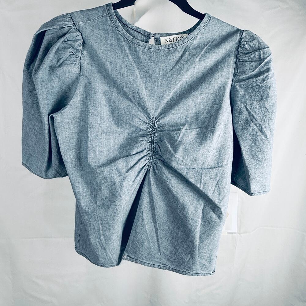 NWT Nation LTD Organic Cotton  Chambray Puff Sleeve Top Women's XS